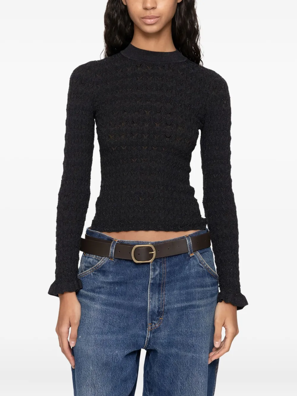 Sea Ruby Textured Ruffled Sleeve Sweater In Blue