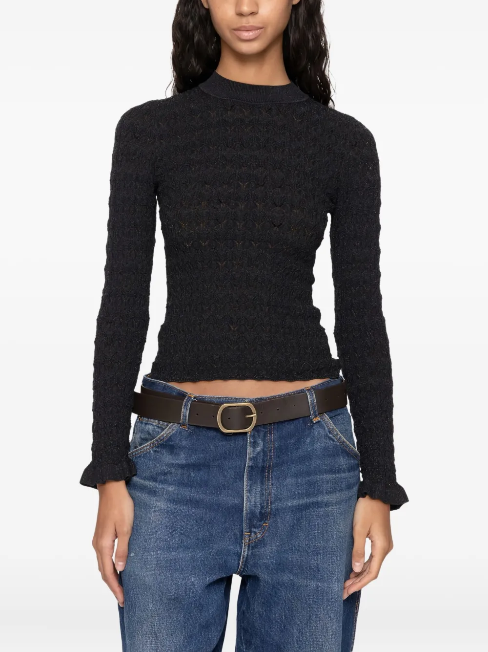 Sea Ruby textured ruffled sleeve sweater | Black | Image 1