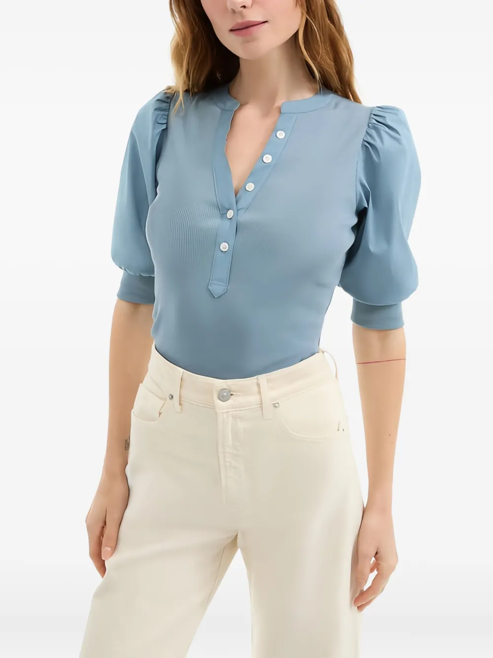 Veronica Beard Puff-sleeve Button Top In Blue