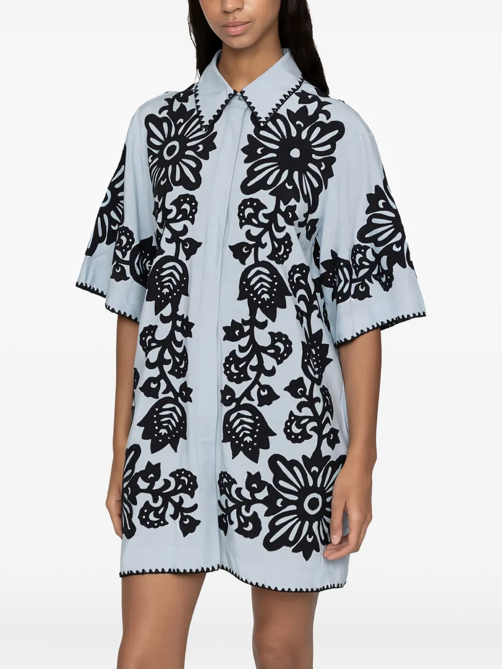 Sea Liliana Applique-floral Shirt Mini Dress In Blue