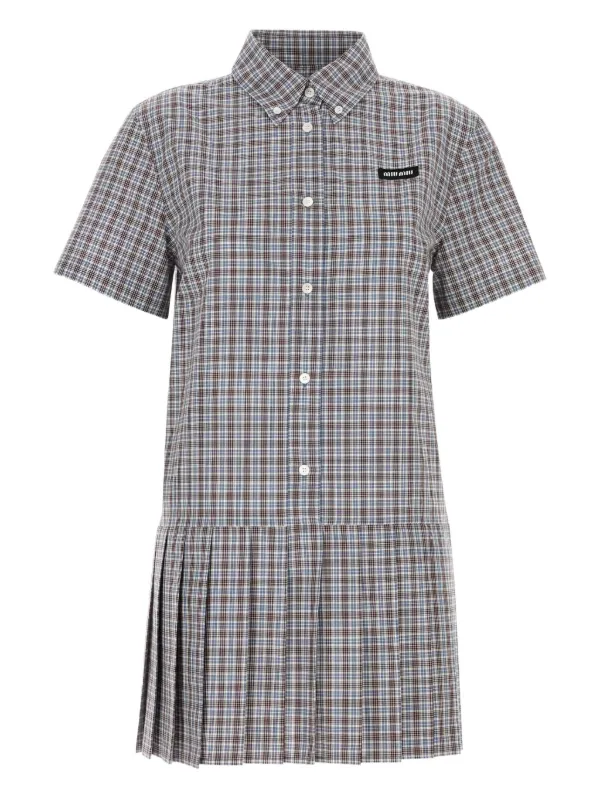 Miu Miu Pleated Checked Shirt Mini Dress | Red | FARFETCH NO