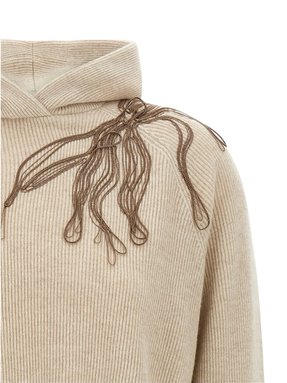 Brunello Cucinelli ribbed hooded flower-embroidered sweater Beige