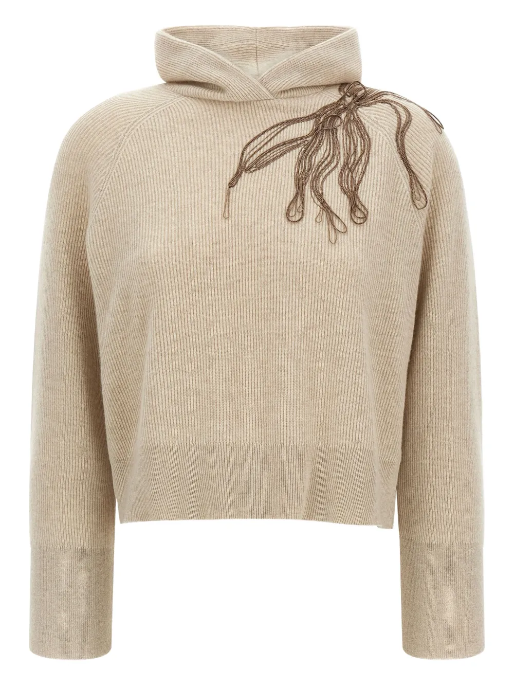 Brunello Cucinelli ribbed hooded flower-embroidered sweater Beige