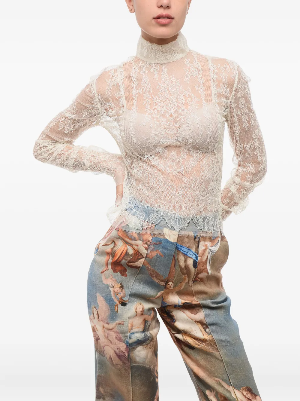 Balmain Top in pizzo a collo alto - Bianco