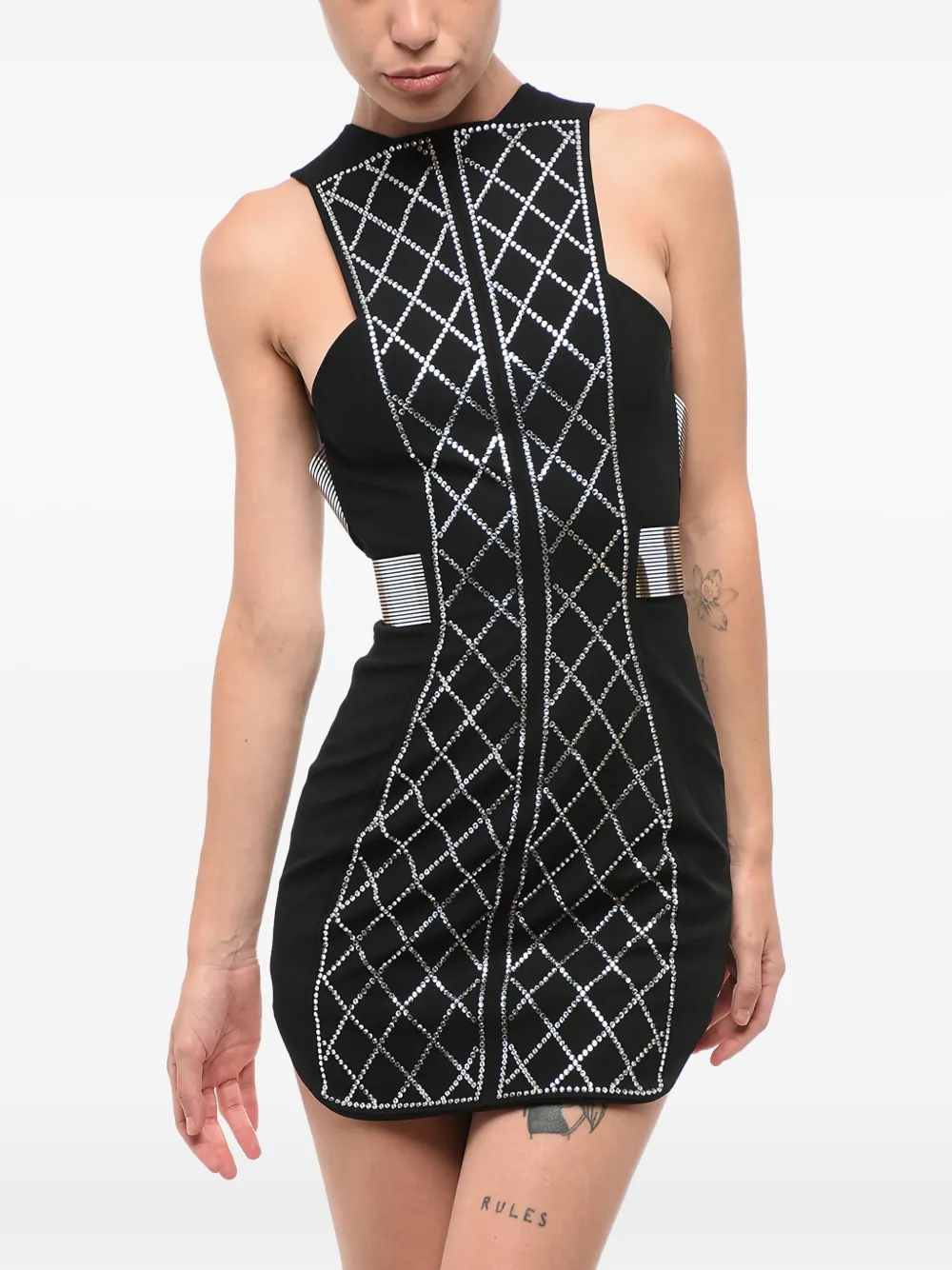 Balmain rhinestone-embellished zip-front mini dress - Black