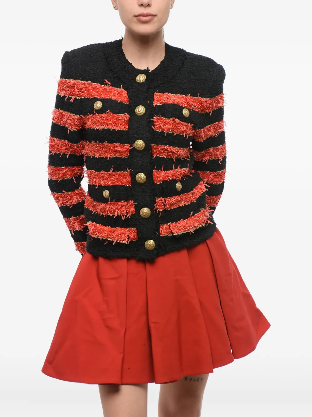 Balmain striped button-embellished cardigan - Red