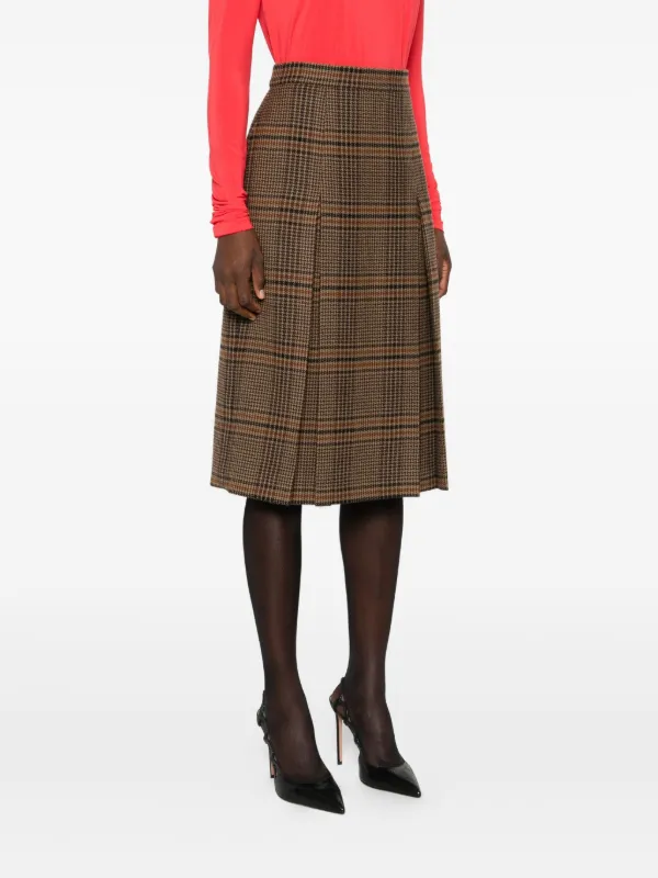 Saint Laurent Pleated Plaid Midi Skirt Brown FARFETCH