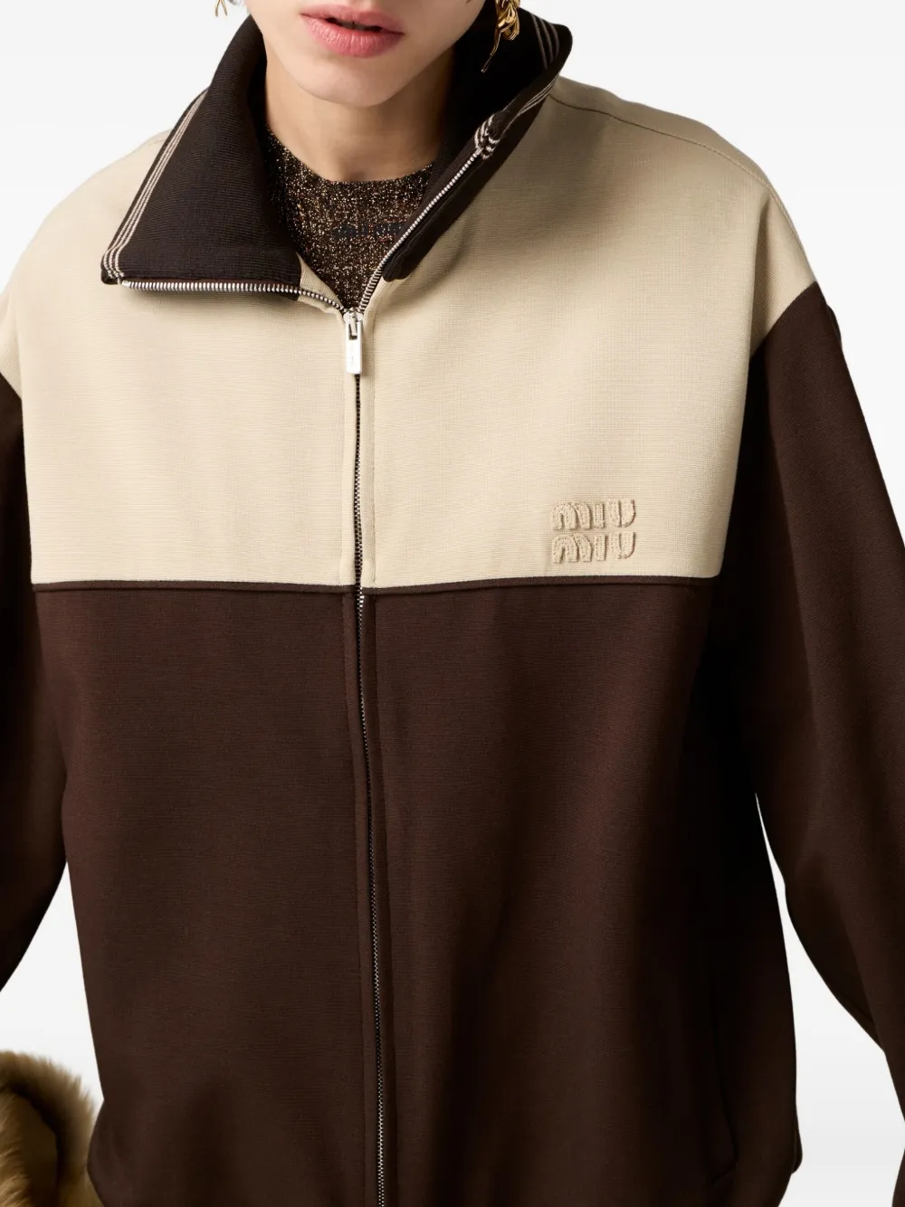 Miu Miu Knitted-cuffs Zip-front Sweatshirt In Brown