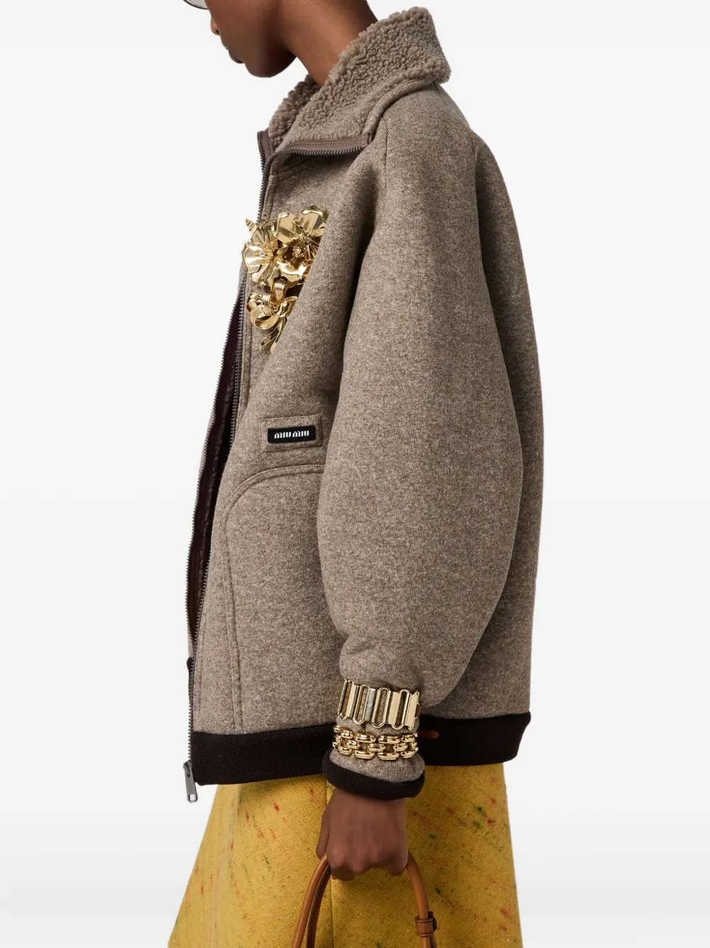 Miu Miu Cotton Fleece Zipper Blouson Jacket In Brown