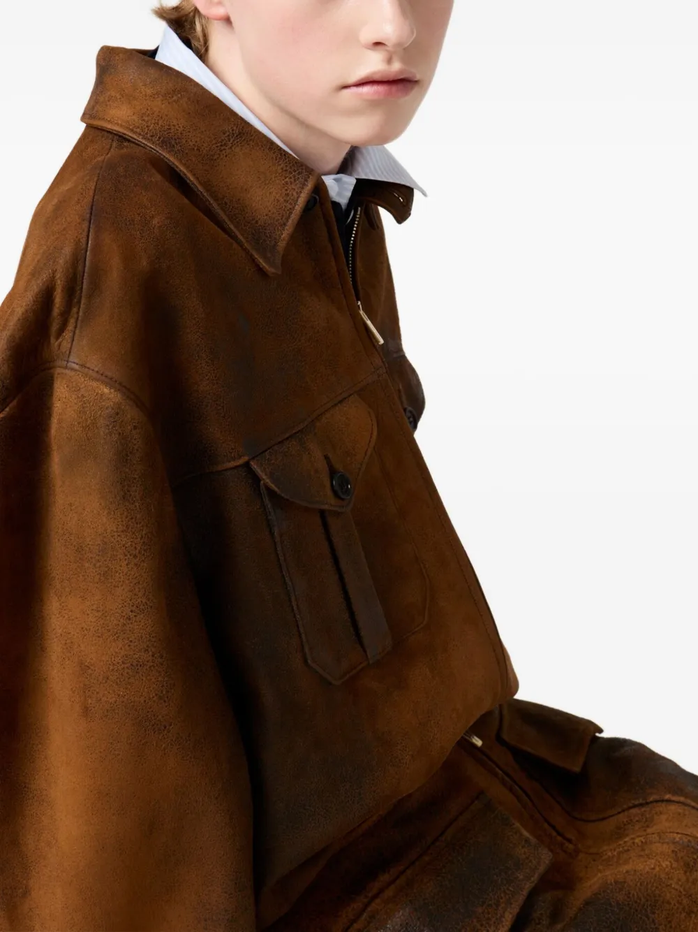 Miu Miu Embossed-logo Leather Jacket In Brown