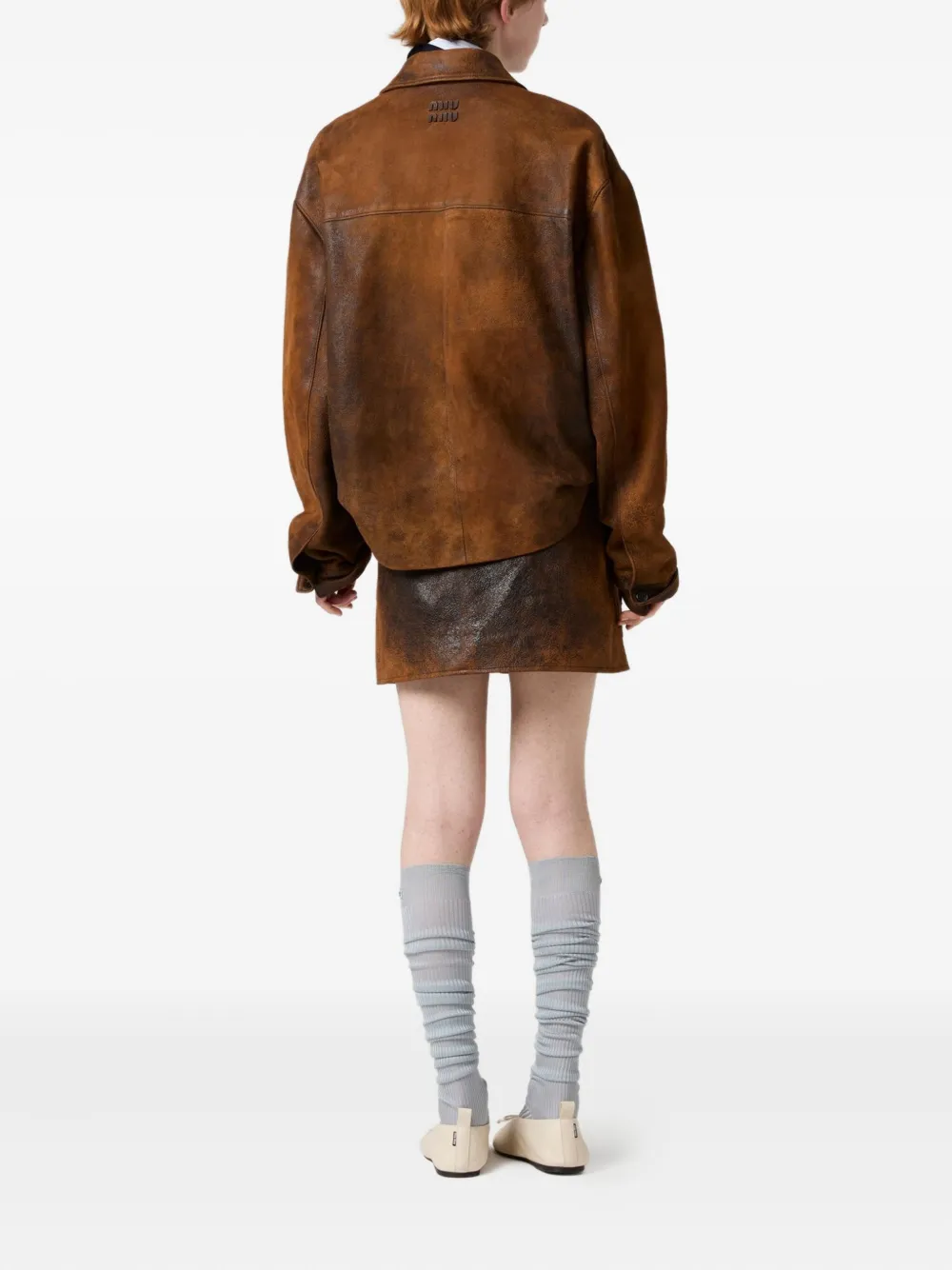 Miu Miu Embossed-logo Leather Jacket In Brown