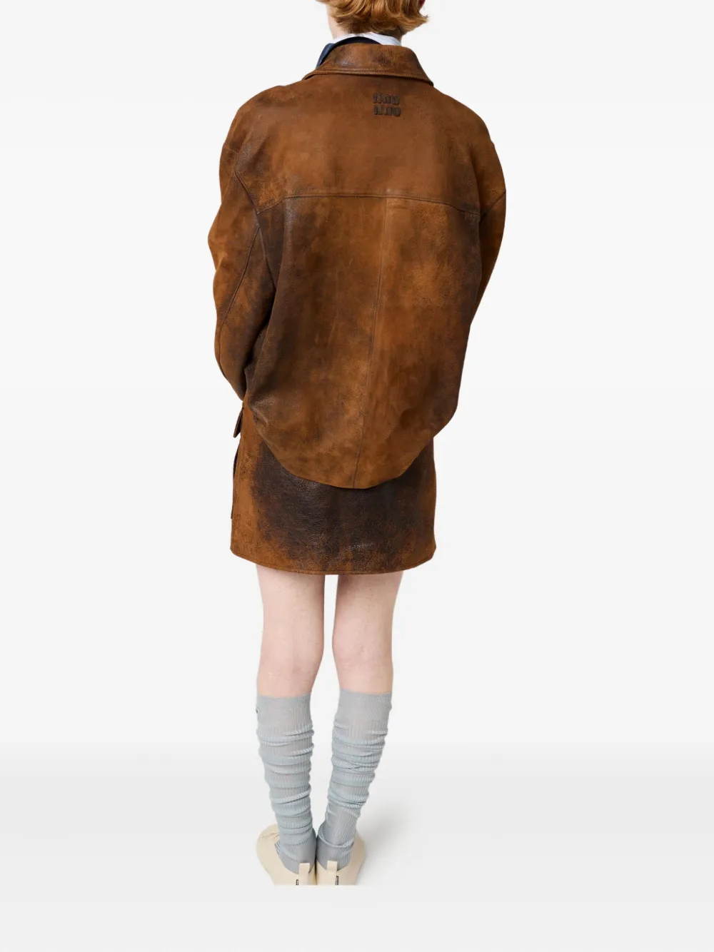 Miu Miu Embossed-logo Leather Jacket In Brown