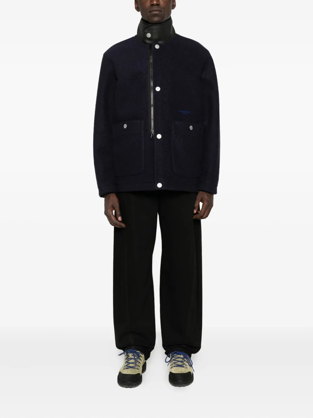 Stone Island Wollen jack met leren kraag Blauw