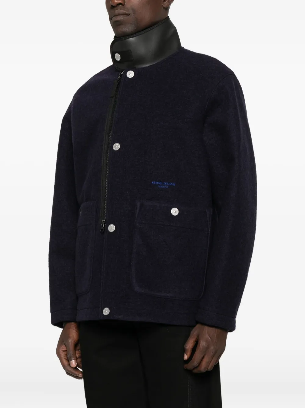 Stone Island Wollen jack met leren kraag Blauw