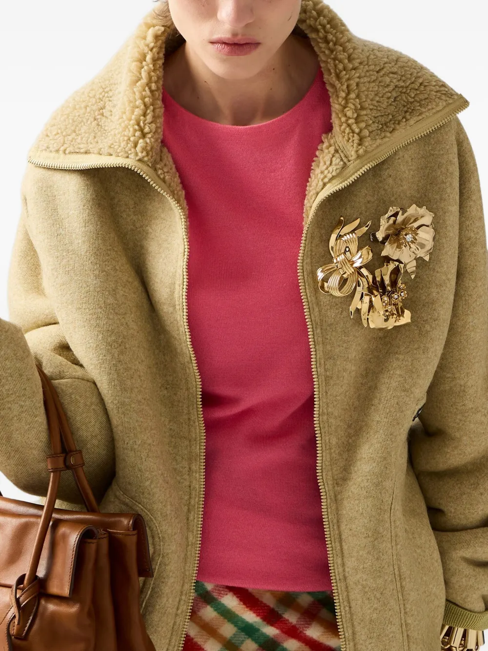 Miu Miu Faux Fur Lined Fleece Zip Jacket In Yellow