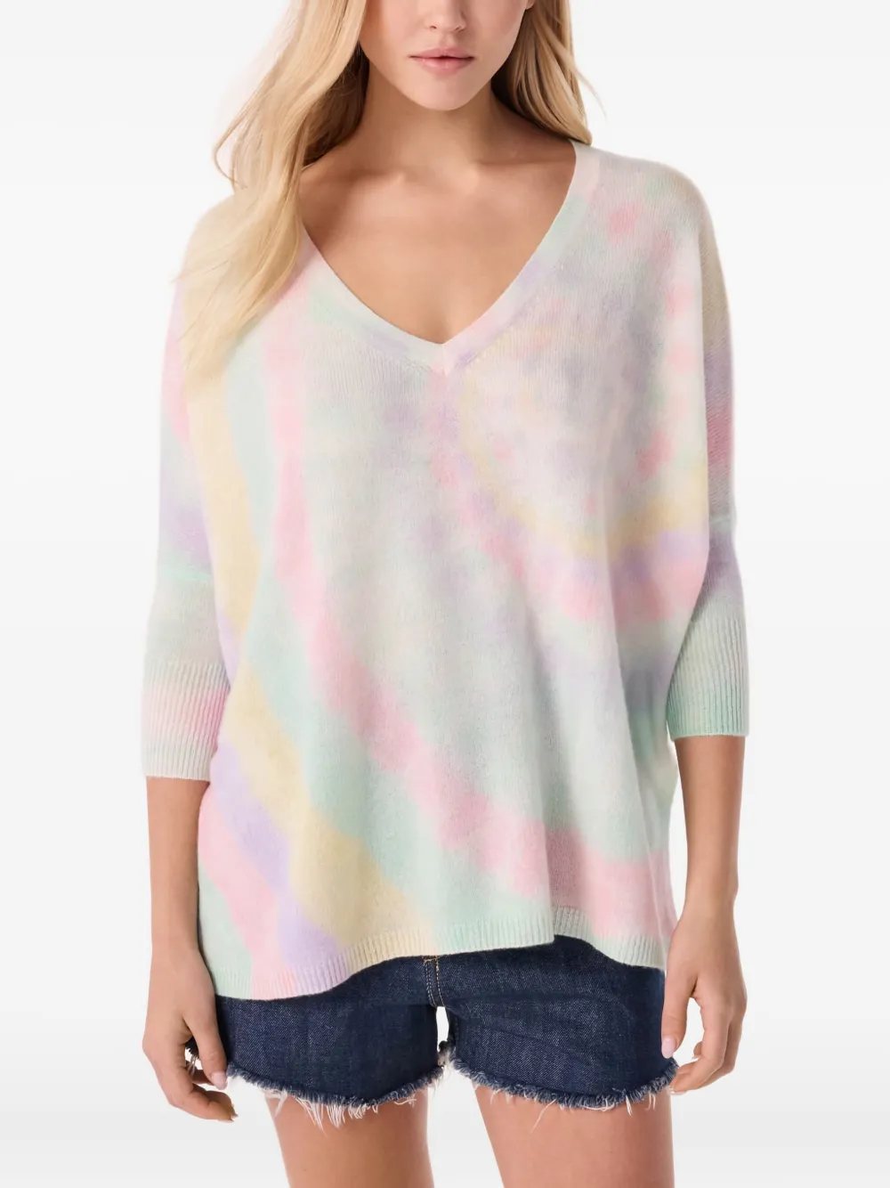 Kujten Tie-dye V-neck Sweater In Multi