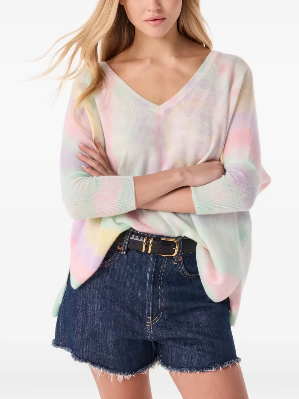Kujten Tie-dye V-neck Sweater In Multi