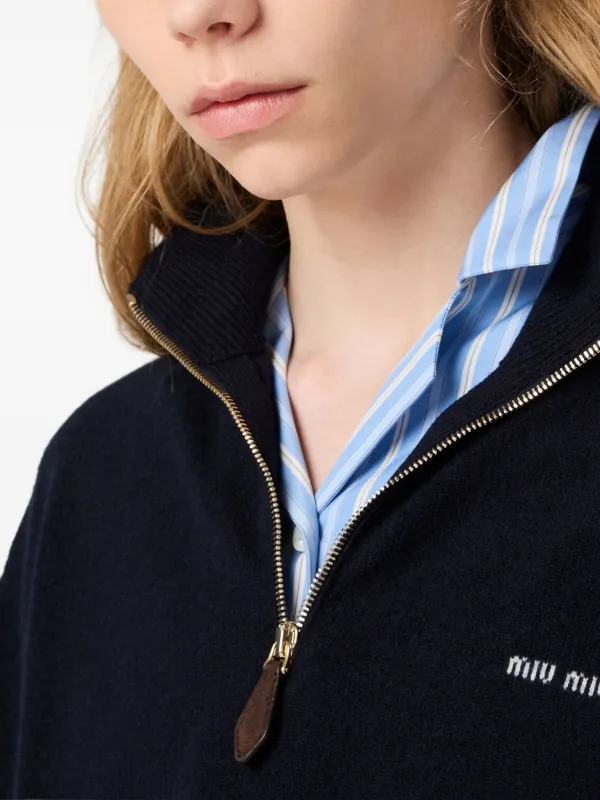 Miu Miu suede-patch half-zip Sweater | Blue | FARFETCH