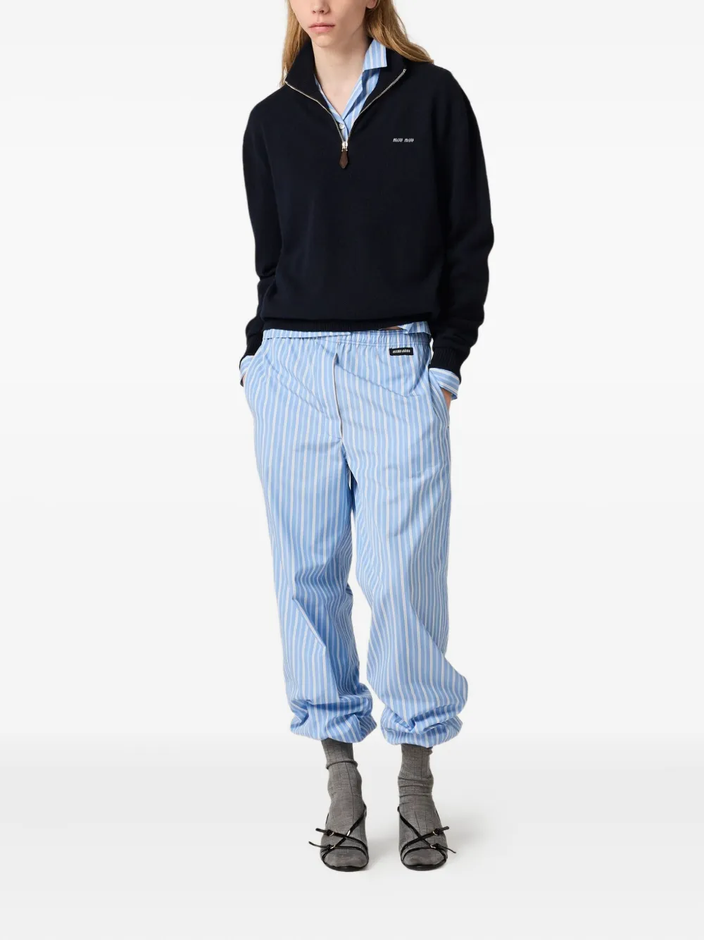 Miu Miu Trui met halve rits en suède patch - Blauw