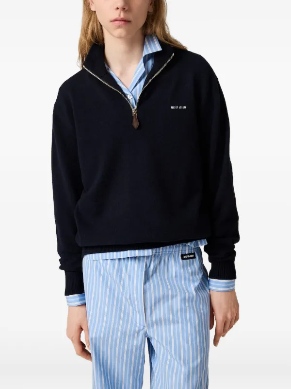 Miu Miu Cashmere And Leather Zipper Sweater | Blue | FARFETCH CA