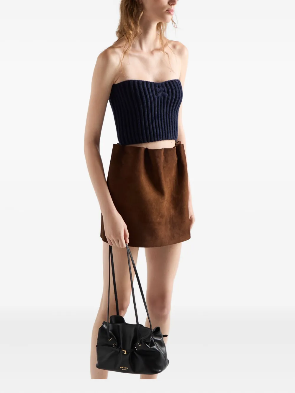 Prada Suède mini-rok met elastische tailleband Bruin
