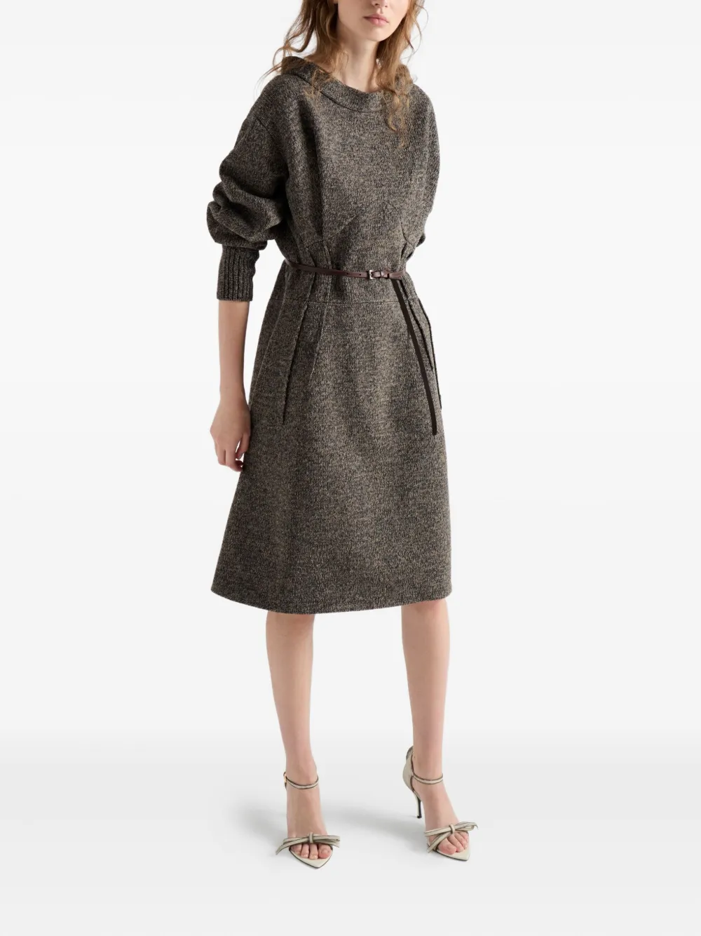 Prada Mouliné wollen midi-jurk - Bruin
