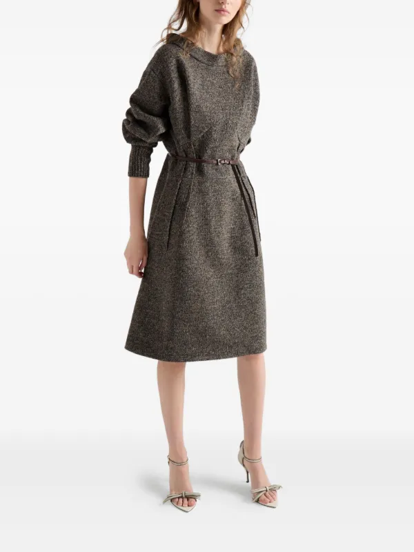 Prada Mouliné Wool Midi Dress | Brown | FARFETCH
