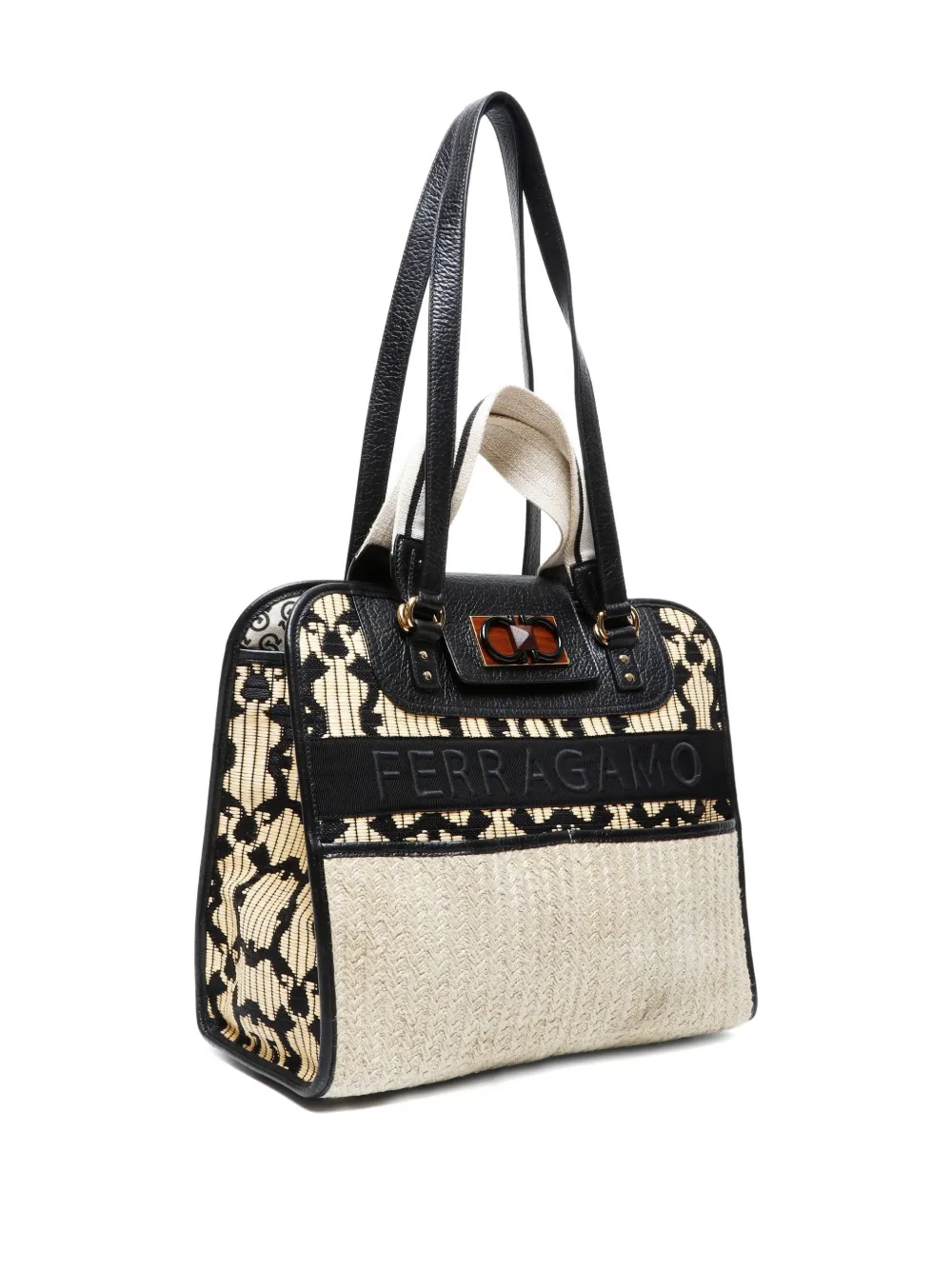 Pre-owned Ferragamo 2015-2024 Iconic Project Raffia Pattern Shoulder Bag In Neutral