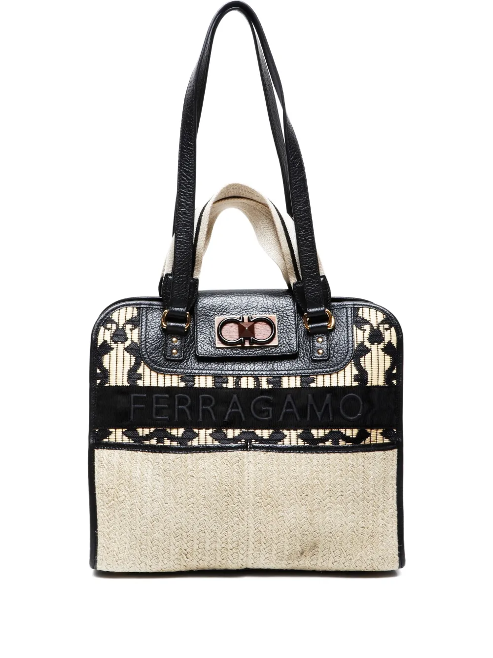 Pre-owned Ferragamo 2015-2024 Iconic Project Raffia Pattern Shoulder Bag In Neutral