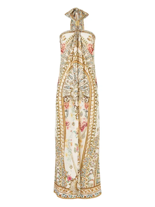 camilla halter neck dress Crystal-embellished printed silk-satin halterneck maxi dress - pastel pink