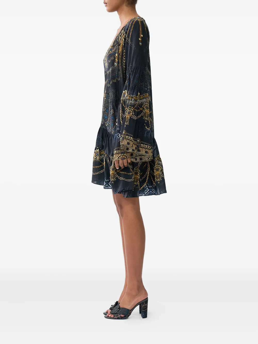 Camilla A-lijn mini-jurk met gesmockt vlak Blauw