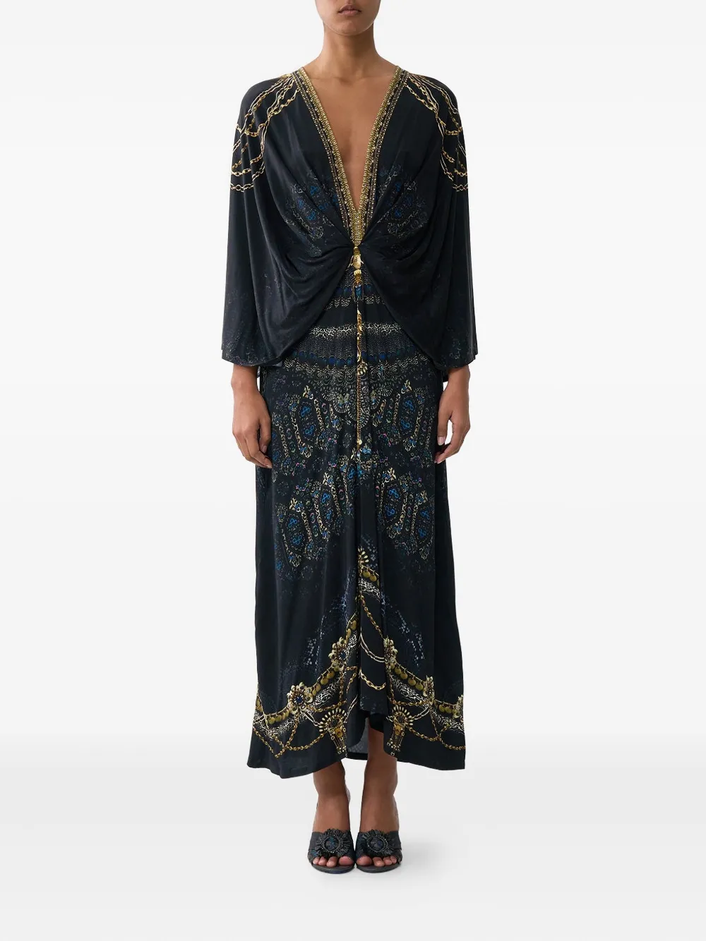 Camilla Jersey maxi-jurk met gesmockte voorkant - Zwart