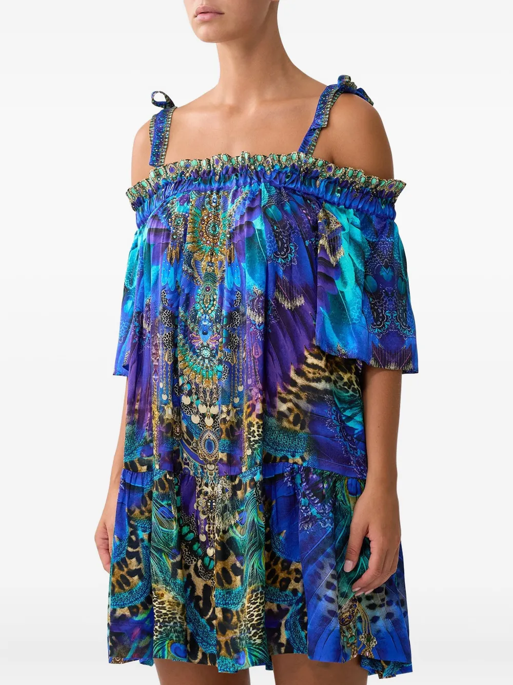 Camilla Off-shoulder jurk met franje Blauw