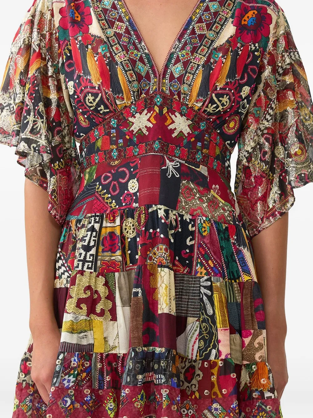 Camilla Tiered Patchwork Alchemy Mini Dress In Multi