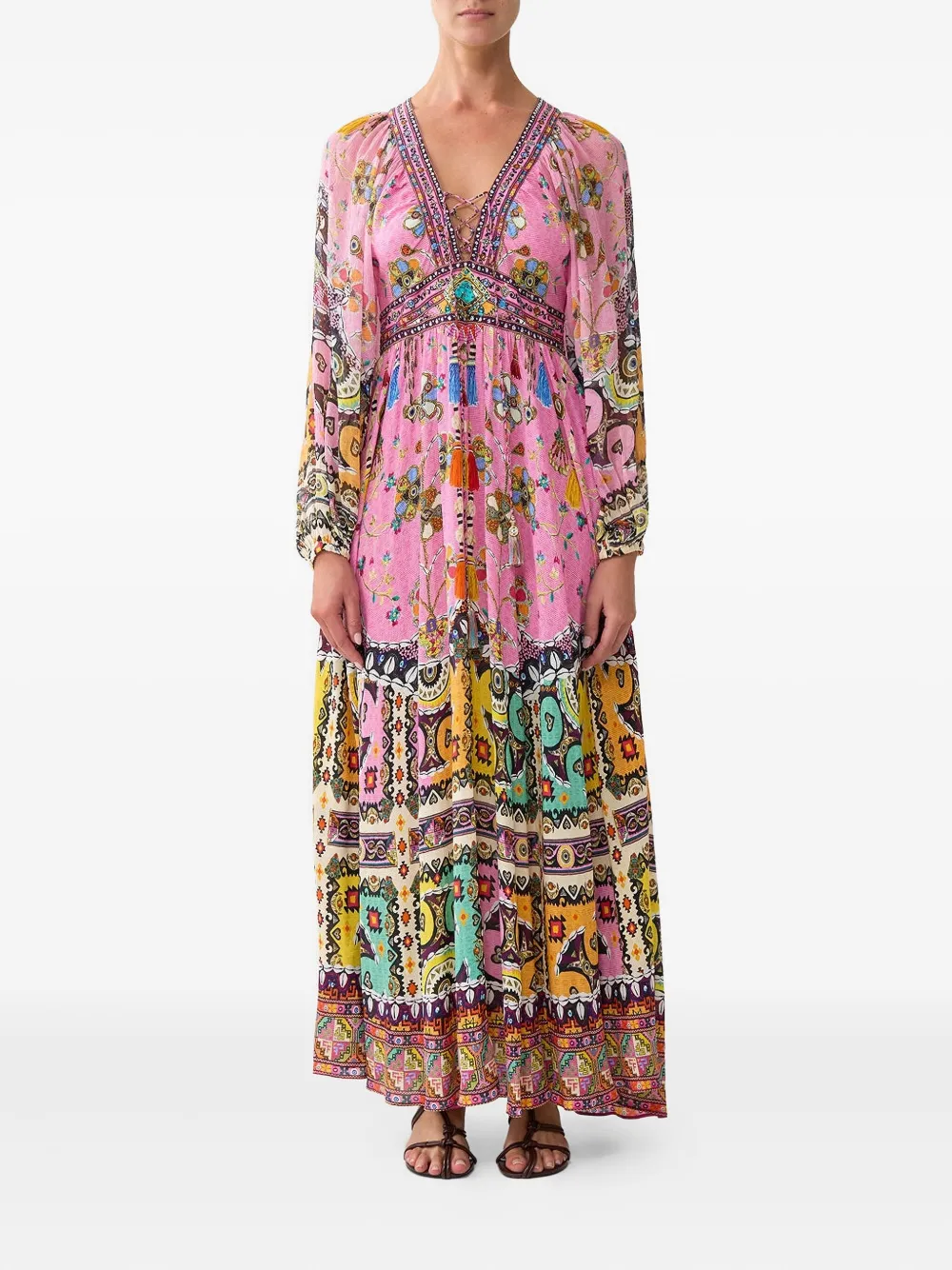 Camilla Maxi-jurk met patchwork en veters - Roze