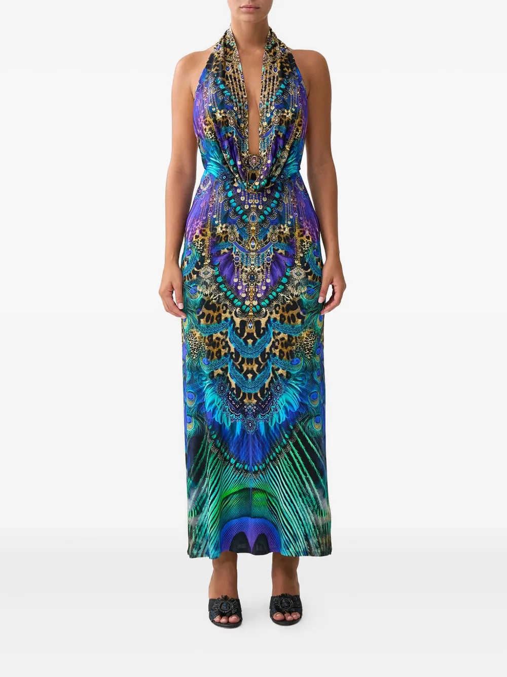 Camilla Cosmic Zoology jurk met watervalhals - Blauw