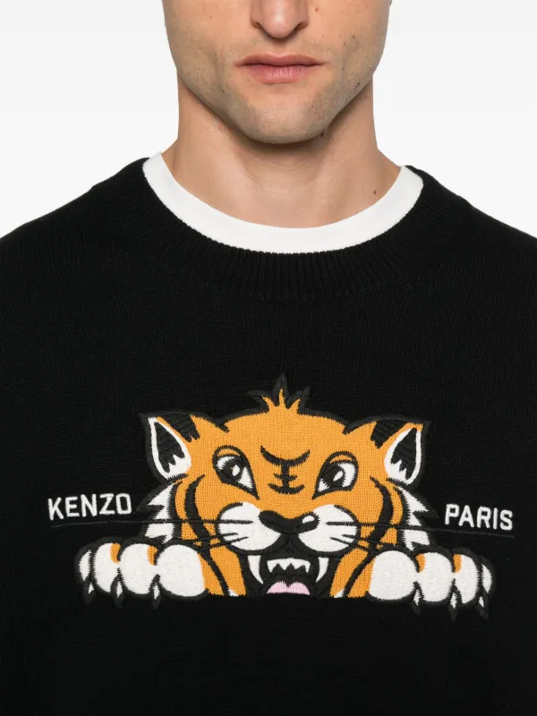 美品　KENZO ケンゾー　セーター　タイガー　虎　フロッキー加工　ブラック系 KENZO (ケンゾー) トレーナー タイガー刺繍 クルーネック スウェット