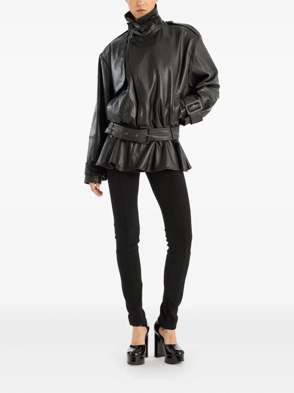 Rotate Birger Christensen Belted Ruffle Leather Jacket In Black