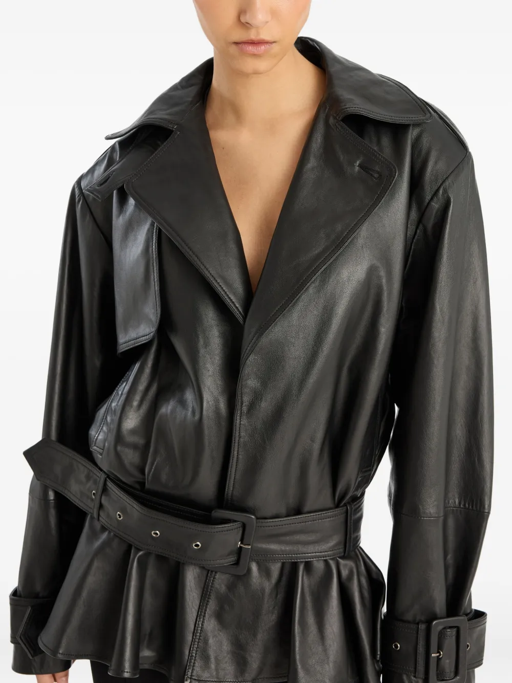 Rotate Birger Christensen Belted Ruffle Leather Jacket In Black
