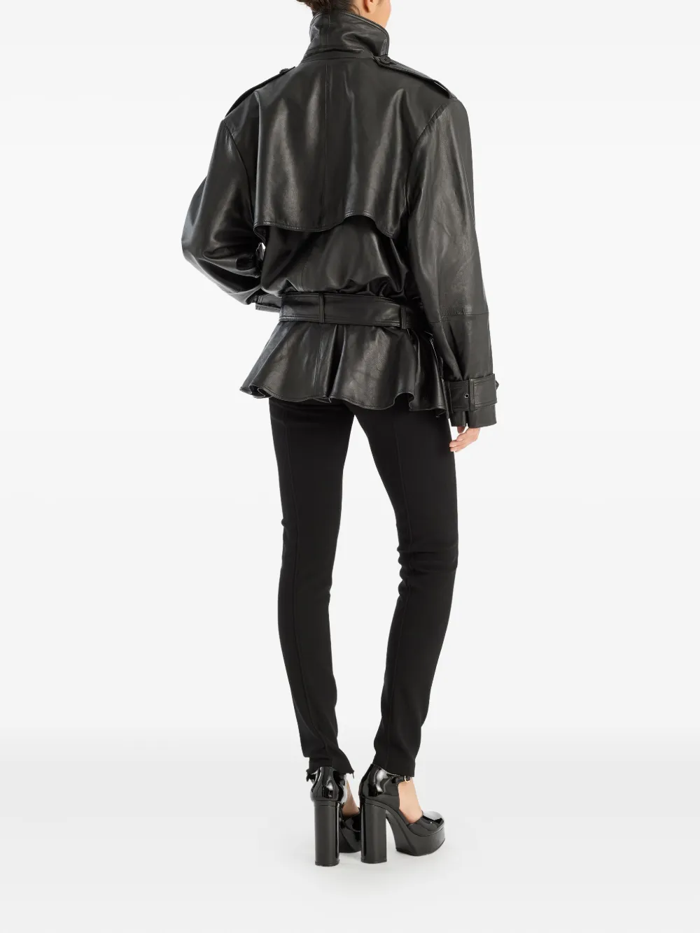 Rotate Birger Christensen Belted Ruffle Leather Jacket In Black
