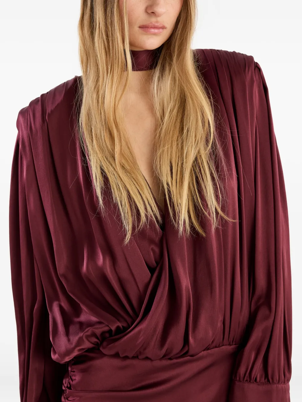 Rotate Birger Christensen Bordeaux Draped Silk Mini Dress In Brown