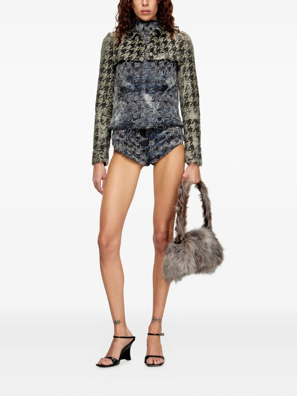 Diesel Spijkershorts met pied-de-poule print en franje - Blauw