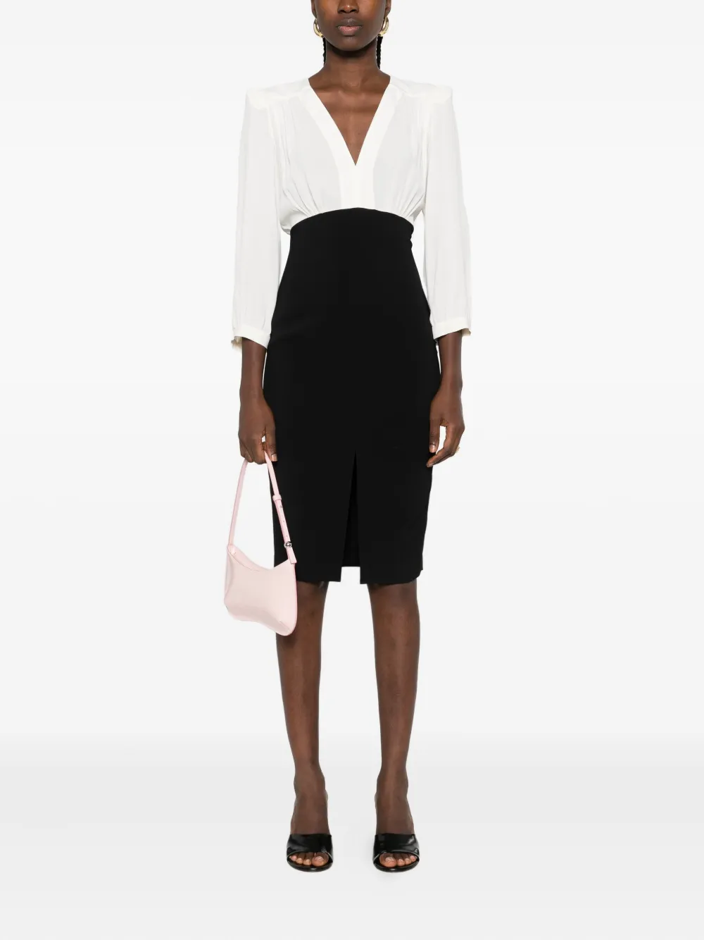 TWINSET Tweekleurige midi-jurk met V-hals - Zwart