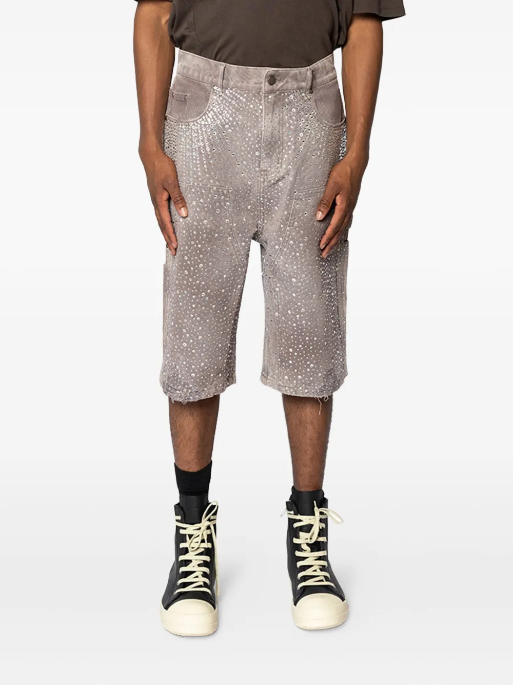 Birth Of Royal Child Rhinestone-embellished Denim Shorts In Gray