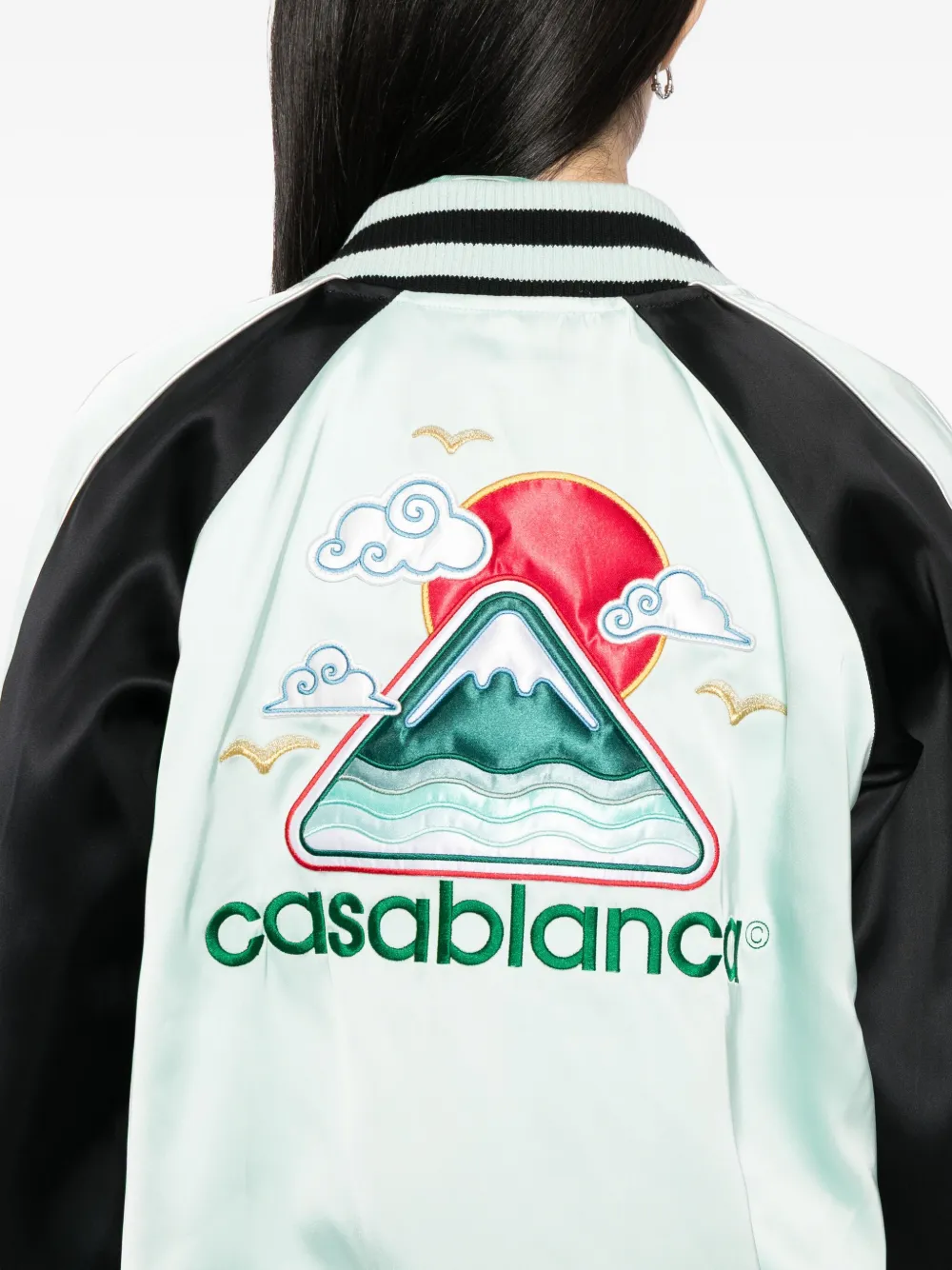 Casablanca Embroidered Bicolor Satin Bomber Jacket In Green