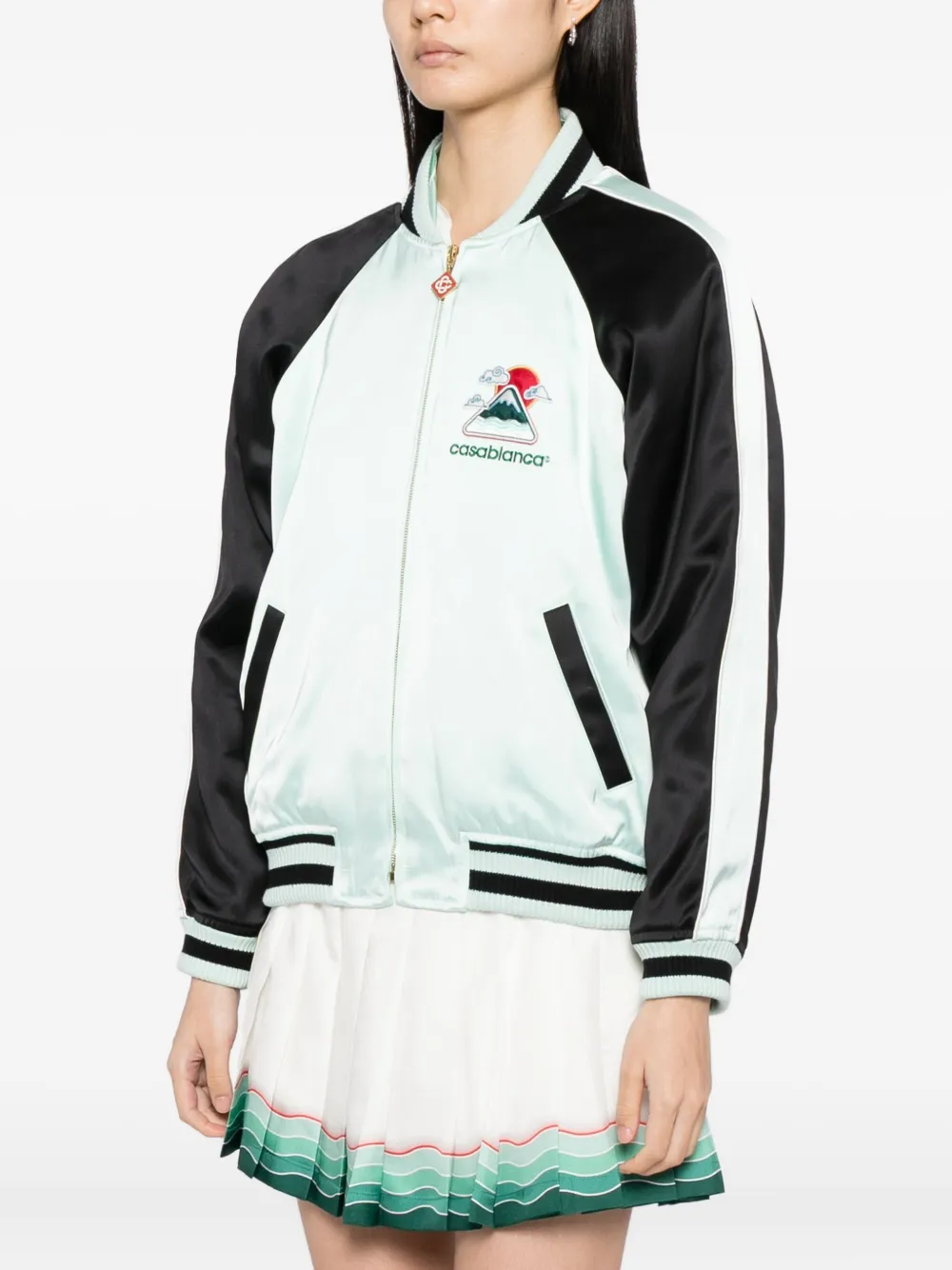 Casablanca Embroidered Bicolor Satin Bomber Jacket In Green