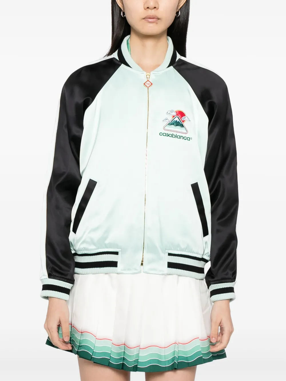 Casablanca Embroidered Bicolor Satin Bomber Jacket In Green