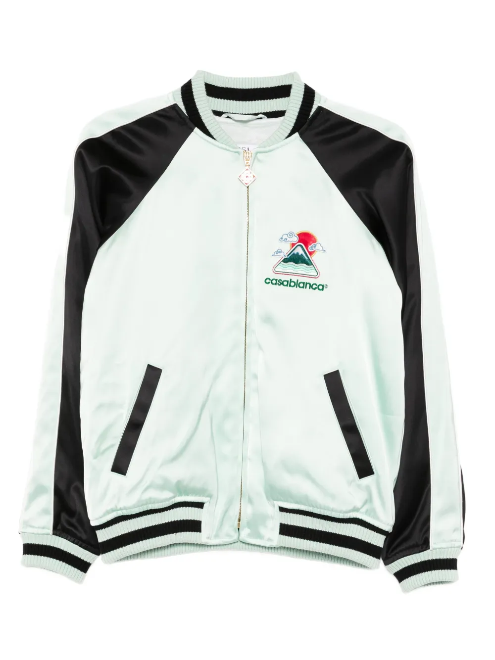 Casablanca Embroidered Bicolor Satin Bomber Jacket In Green