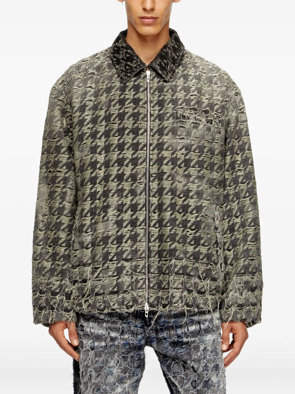 Diesel Houndstooth-pattern Frayed-edges Denim Jacket In Black