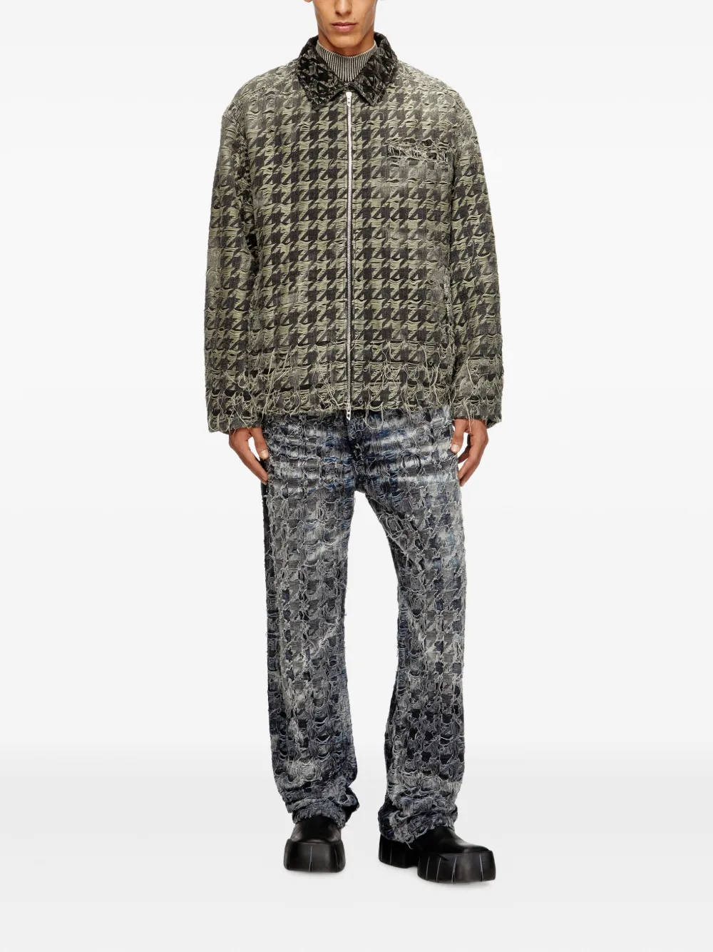 Diesel Houndstooth-pattern Frayed-edges Denim Jacket In Black